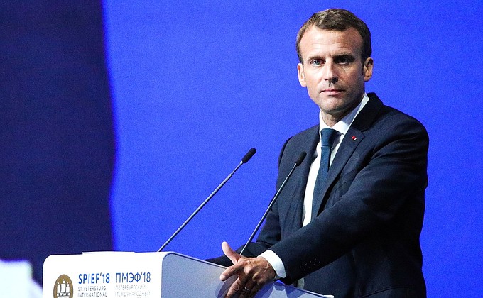 President of France Emmanuel Macron at the plenary session of the 22nd St Petersburg International Economic Forum.