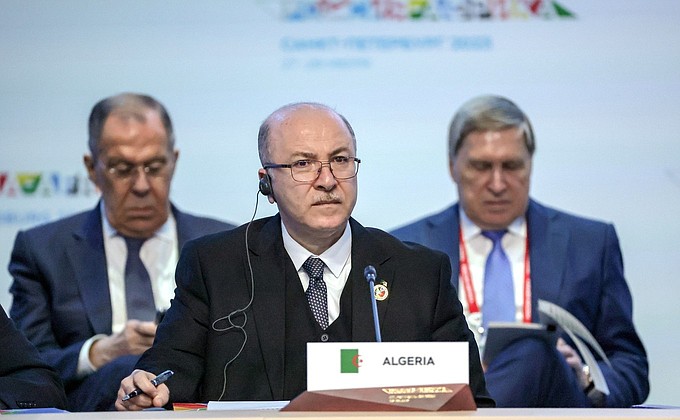 Prime Minister of Algeria Aymen Benabderrahmane at the plenary session of the Russia-Africa Summit.