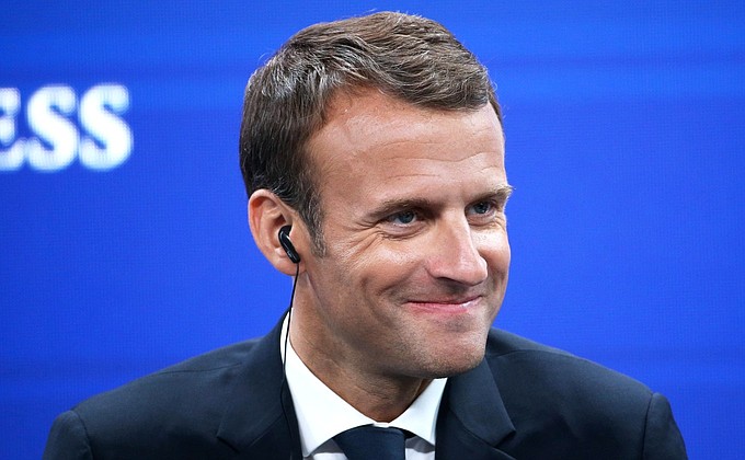 President of France Emmanuel Macron during the Russia-France Business Dialogue panel discussion.