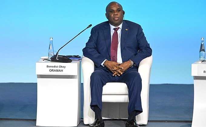 President, Chairman of the Board of the African Export-Import Bank Benedict Oramah at the plenary session of the Russia-Africa Economic and Humanitarian Forum.