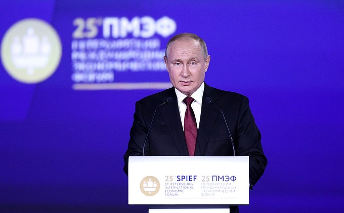 During the plenary session of the 25th St Petersburg International Economic Forum.