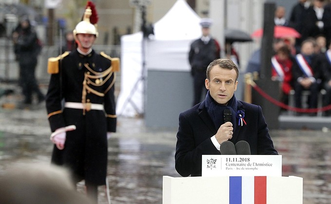 Президент Французской Республики Эммануэль Макрон на церемонии празднования 100-летия окончания Первой мировой войны.