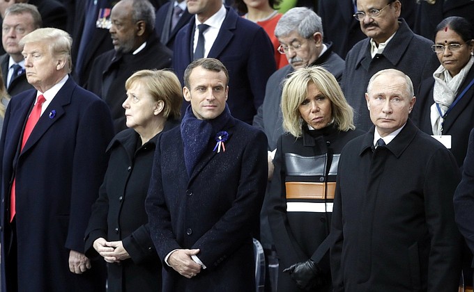 With President of the United States of America Donald Trump and First Lady Melania Trump, Federal Chancellor of Germany Angela Merkel, President of the French Republic Emmanuel Macron and his wife Brigitte Macron at the commemorative ceremony marking the centenary of Armistice Day.