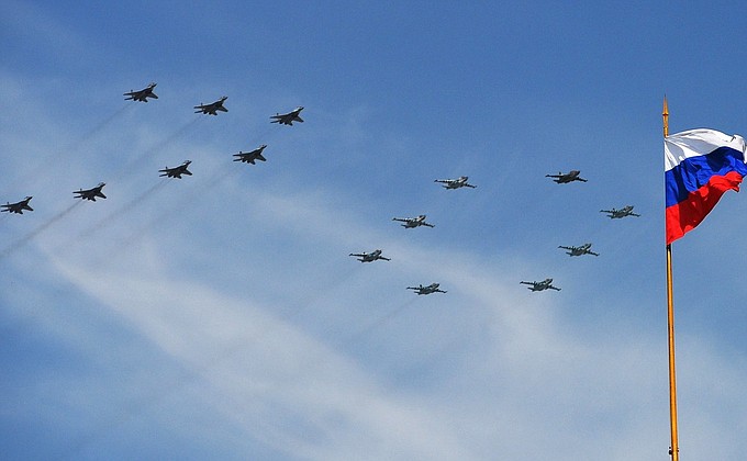 Mikoyan-Gurevich MiG-29 Fulcrum fighters and Sukhoi Su-25SM Frogfoot ground-attack planes at the military parade to mark the 70th anniversary of Victory in the 1941–1945 Great Patriotic War.