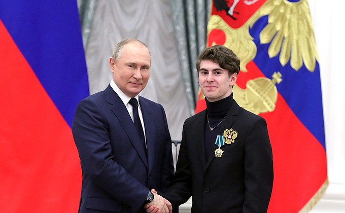 At ceremony for presenting state decorations to gold medallists of the XXIV Olympic Winter Games in Beijing. Mark Kondratyuk, the 2022 Winter Olympics gold medallist in team figure skating event, Merited Master of Sport of Russia, is awarded the Order of Friendship.