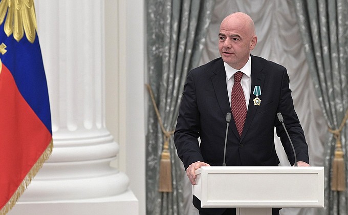 The Order of Friendship is presented to FIFA President Gianni Infantino.