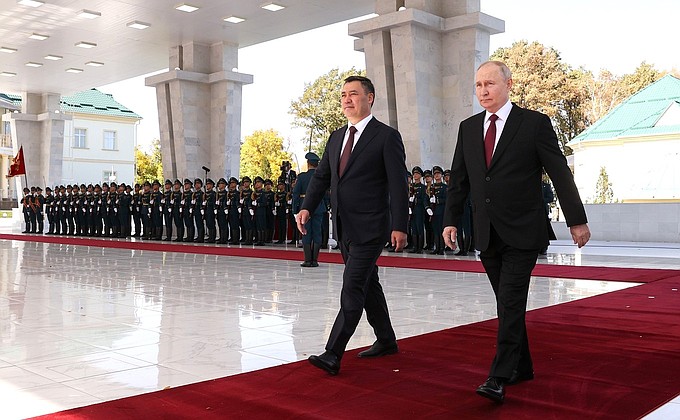 With President of Kyrgyzstan Sadyr Japarov at the official welcomimg ceremony in Bishkek.