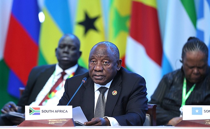 President of the Republic of South Africa Cyril Ramaphosa at the plenary session of the Russia–Africa Summit.