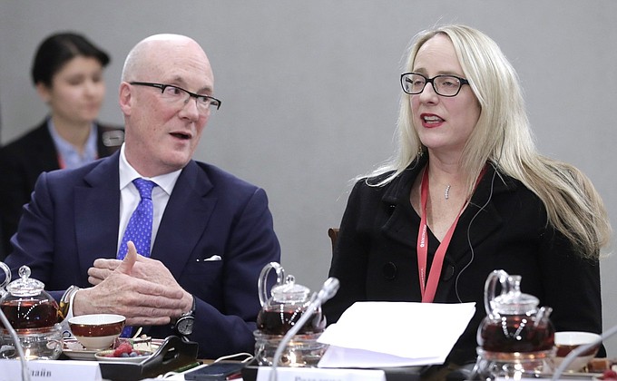 Press Association Chief Executive, President of the News Agencies World Council (NACO) Clive Marshall and Bloomberg News International Government Executive Editor Rosalind Mathieson during a meeting with heads of international news agencies.
