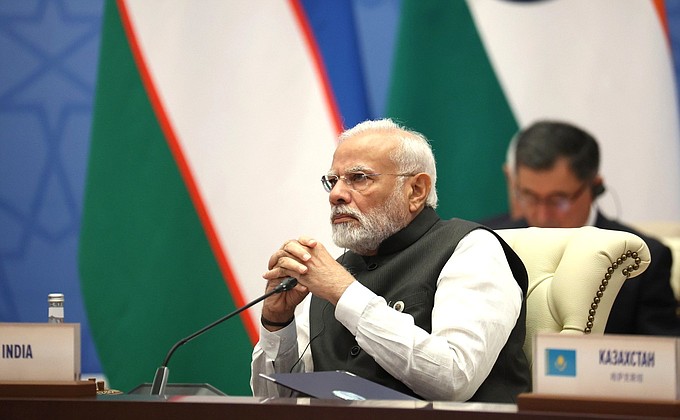 Премьер-министр Республики Индия Нарендра Моди на заседании Совета глав государств – членов ШОС в расширенном составе.