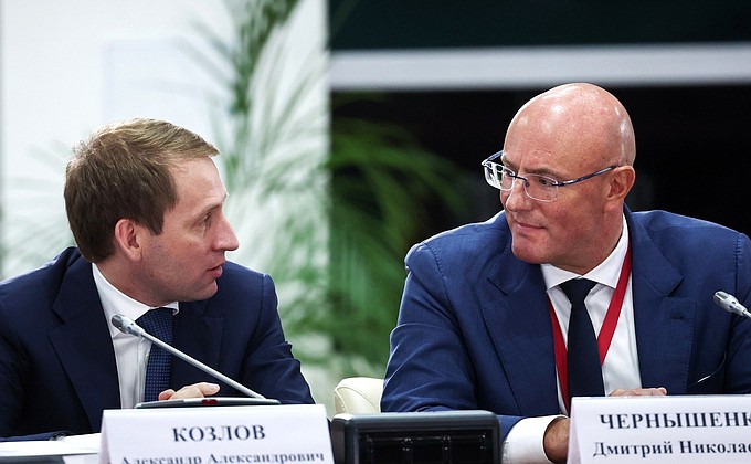 Minister of Natural Resources and Environment Alexander Kozlov, left, and Deputy Prime Minister Dmitry Chernyshenko before the meeting of State Council Presidium on Tourism Development.