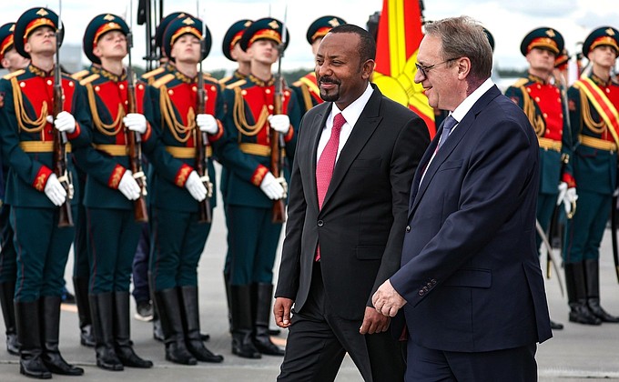 Prime Minister of Ethiopia Abiy Ahmed arrives in St Petersburg. At Pulkovo Airport with Deputy Foreign Minister of Russia Mikhail Bogdanov.