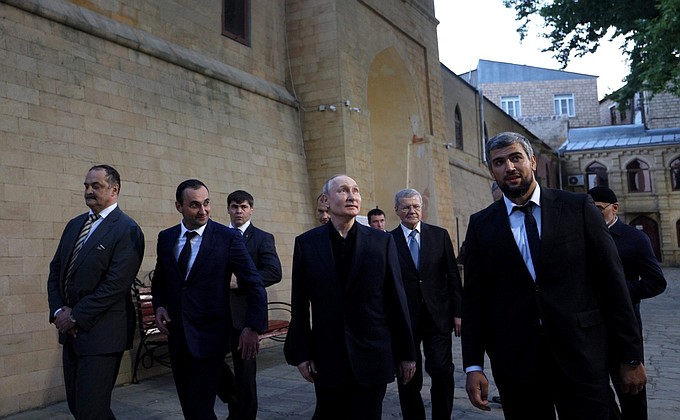 During the visit to the Juma Mosque in Derbent.