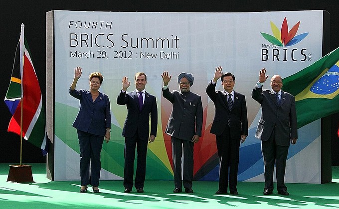 BRICS Summit participants: President of Brazil Dilma Rousseff, Dmitry Medvedev, Prime Minister of India Manmohan Singh, President of China Hu Jintao and President of South Africa Jacob Zuma.