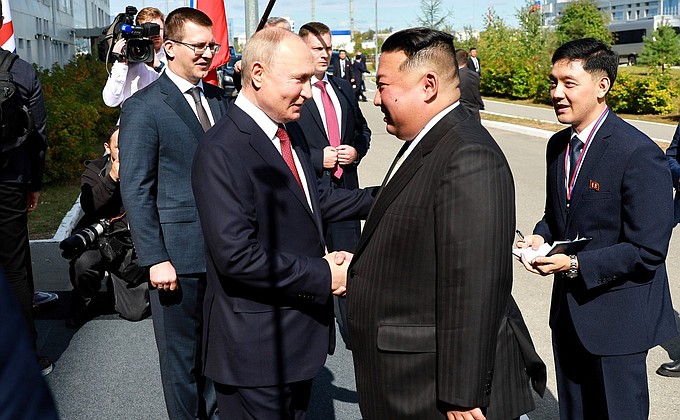 With Chairman of State Affairs of the Democratic People’s Republic of Korea Kim Jong-un Before a joint visit to the Vostochny Cosmodrome.