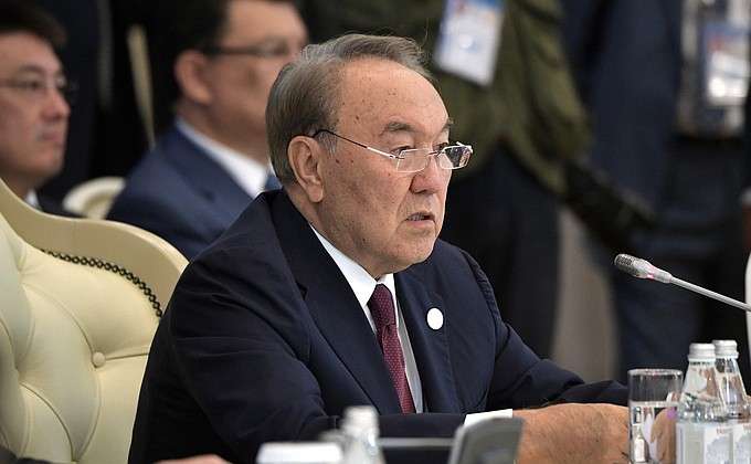 President of Kazakhstan Nursultan Nazarbayev at the meeting of the heads of state participating in the Fifth Caspian Summit.