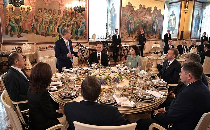 At a state dinner hosted on behalf of President of Russia Vladimir Putin in honour of President of Kyrgyzstan Almazbek Atambayev and his spouse Raisa Atambayeva.