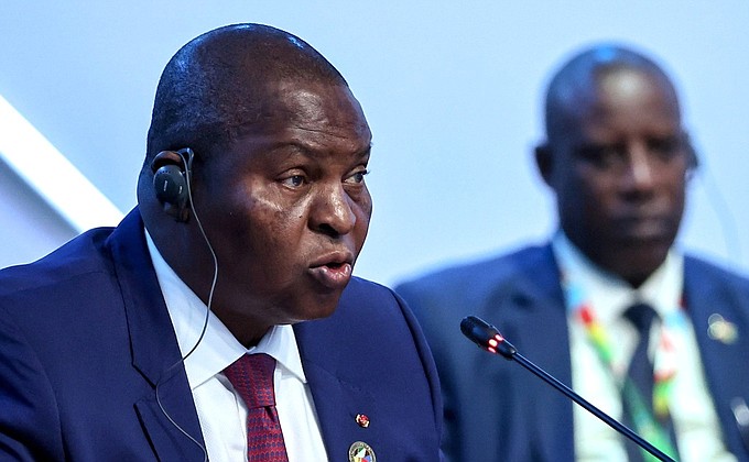 President of the Central African Republic Faustin-Archange Touadera at the plenary session of the Russia–Africa Summit.