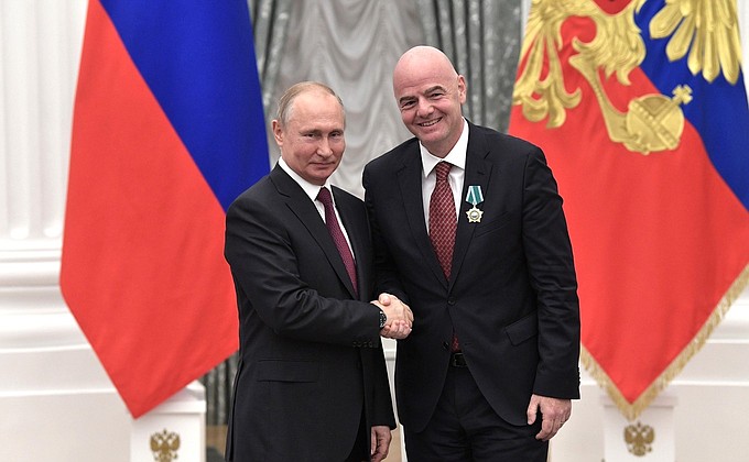 The Order of Friendship is presented to FIFA President Gianni Infantino.