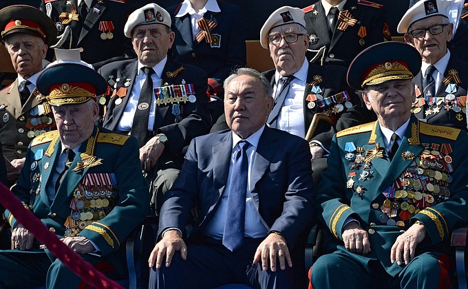 President of the Republic of Kazakhstan Nursultan Nazarbayev, center, at the military parade to mark the 70th anniversary of Victory in the 1941–1945 Great Patriotic War.