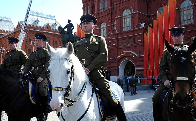 At the beginning of the Military parade to mark the 70th anniversary of Victory in the Great Patriotic War of 1941–1945.