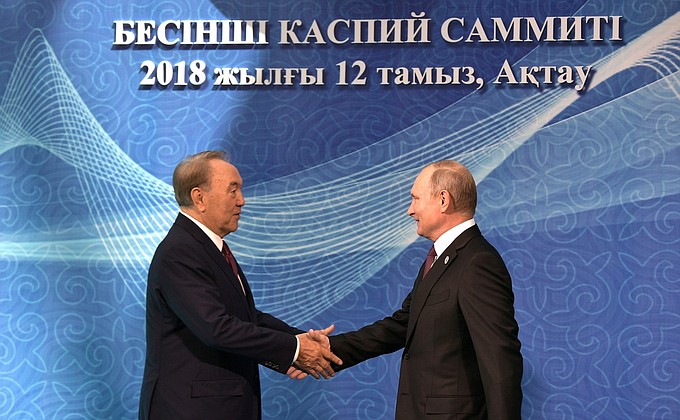 Official meeting of the heads of state attending the Fifth Caspian Summit. With President of Kazakhstan Nursultan Nazarbayev.