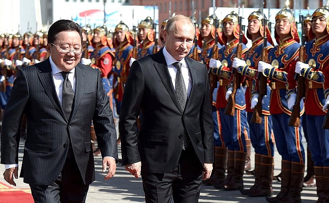 Official greeting ceremony. With President of Mongolia Tsakhiagiin Elbegdorj.