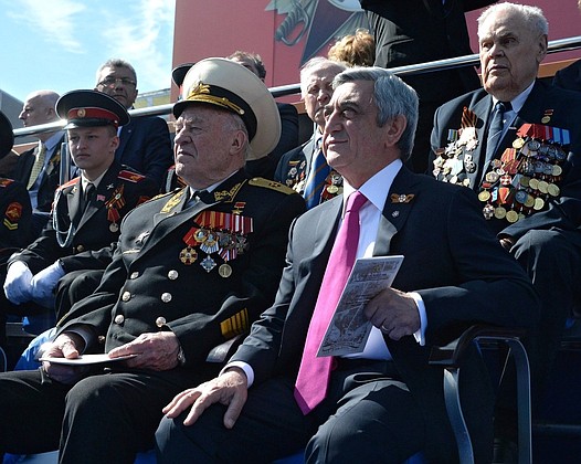 President of the Republic of Armenia Serzh Sargsyan, foreground right, at the military parade to mark the 70th anniversary of Victory in the 1941–1945 Great Patriotic War.