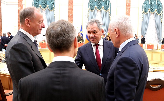 Before the CSTO Collective Security Council meeting in expanded format. Secretary of the Russian Federation Security Council Nikolai Patrushev (left), Russia's Defence Minister Sergei Shoigu and State Secretary of the Union State of Russia and Belarus Grigory Rapota (right).