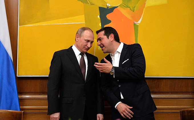 With Prime Minister of Greece Alexis Tsipras at the signing ceremony of Russian-Greek documents.