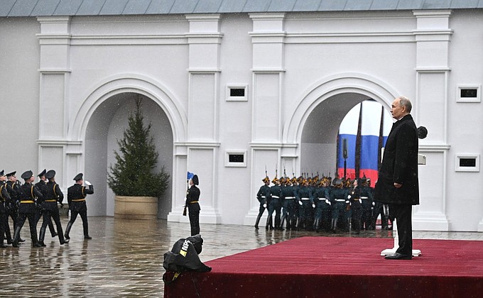 President of Russia and the Supreme Commander-in-Chief of the Russian Armed Forces, reviewed the Presidential Regiment on Cathedral Square to mark his inauguration.