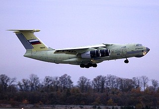 During the demonstration flight of a new Il-76MD-90A transport aircraft.