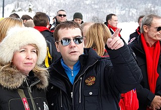Visiting the Roza Khutor Alpine Ski Resort. Dmitry Medvedev with his wife Svetlana watched a stage of the competition in the Alpine Ski European Cup 2011.