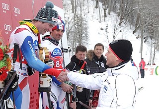 Ceremony presenting prizes to winner and awardees of the 2012 World Cup downhill race.