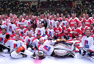Vladimir Putin playing in a match between the Russian Amateur Hockey League select and the Russian hockey legends team.