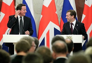 News conference following Russian-British talks. With British Prime Minister David Cameron.