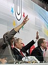 At the opening ceremony of the Summer Universiade in Kazan. With First Deputy Prime Minister Igor Shuvalov (right) and President of the International University Sports Federation Claude-Louis Gallien.
