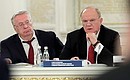 Liberal Democratic Party of Russia (LDPR) leader Vladimir Zhirinovsky and leader of the Communist Party faction in the State Duma Gennady Zyuganov at a joint meeting of the State Council and the Commission for Monitoring Targeted Socioeconomic Development Indicators.