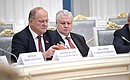 Leader of the Russian Federation Communist Party (KPRF) parliamentary group in the State Duma Gennady Zyuganov and leader of A Just Russia parliamentary group in the State Duma Sergei Mironov before the meeting with Federation Council and State Duma leaders.