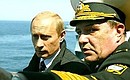 President Putin on board the missile cruiser Marshal Ustinov with Naval Commander Vladimir Kuroyedov during the tactical exercises of the Baltic and Northern Fleets. 