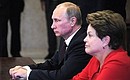 At the Russian-Brazilian document signing ceremony. With President of the Federative Republic of Brazil Dilma Rousseff.