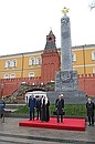 At a ceremony unveiling a restored obelisk commemorating the House of Romanov’s rule in the Alexandrovsky Garden by the Kremlin wall.