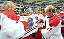 По окончании матча сборной команды победителей Российской любительской хоккейной лиги с командой звёзд отечественного хоккея.