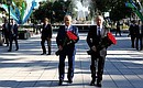 Vladimir Putin and President of Uzbekistan Islam Karimov laid flowers at the monument to Alexander Pushkin.
