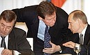Government commissions discussing the preparation of celebrations to mark the millennium of Kazan in 2005 and the 300th anniversary of St Petersburg in 2003. President Vladimir Putin with St Petersburg Mayor Vladimir Yakovlev and Speaker of the lower house of Parliament Gennady Seleznev.