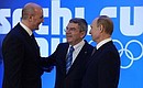 Presentation of IOC members. With International Olympic Committee President Thomas Bach and President of the Sochi 2014 Olympic Organising Committee for the 2014 Winter Olympics Dmitry Chernyshenko (left).