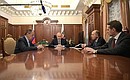 Meeting with Foreign Minister Sergei Lavrov (left), Director of the Foreign Intelligence Service Sergei Naryshkin (right) and Director of the Federal Security Service Alexander Bortnikov.