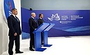 During a presentation of Far East development results. With Deputy Prime Minister and Presidential Plenipotentiary Envoy to the Far Eastern Federal District Yury Trutnev (left) and Minister for the Development of the Far East and the Arctic Alexei Chekunkov. Photo: Vyacheslav Prokofyev, TASS
