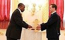 Presentation by foreign ambassadors of their letters of credence. Dmitry Medvedev receives a letter of credence from Ambassador of the Republic of Zambia Frederick Shumba Hapunda.