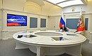 During the opening ceremony for the Defence Ministry’s medical centres for coronavirus patients in Dagestan, the Voronezh and Penza Regions, via videoconference.